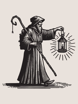 An old hermit with an old lantern. Vintage old engraving vector illustration, emblem, print.
