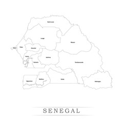 Administrative regions of SENEGAL. Province, state, division name with white map with black outline. Vector illustration	