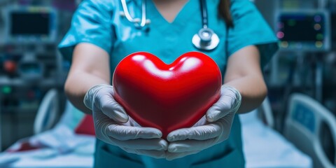 Nurse with stethoscope, holding red heart on hospital room background. Health Day Concept.