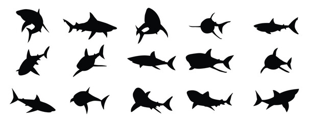  Shark set silhouette on white background vector