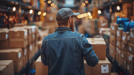 Obraz premium A relocation company worker is packing things into boxes for a customer. Logistics company, transportation of things and goods.