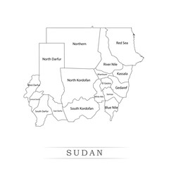 Obraz premium Administrative regions of SUDAN. Province, state, division name with white map with black outline. Vector illustration 