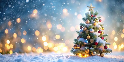 Obraz premium Blurred glowing lights of a Christmas tree with ornaments on a snowy background, Christmas, tree, ornaments, bokeh, lights