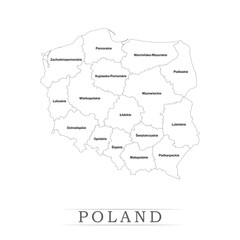 Administrative regions of POLAND. Province, state, division name with white map with black outline. Vector illustration	