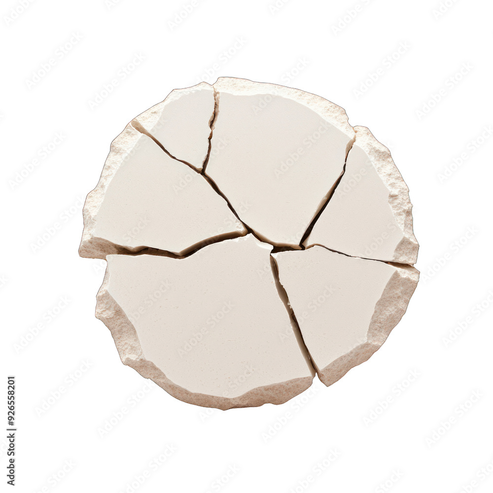 Poster a close-up of a cracked circular piece of stone, showcasing detailed textures and patterns on the su