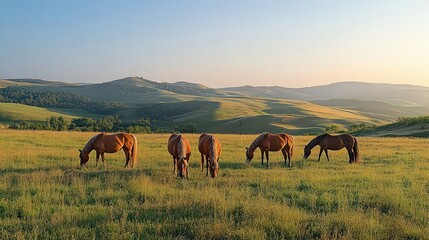  group of horses grazing peacefully in a picturesque pasture, with rolling hills and a clear blue sky overhead.
