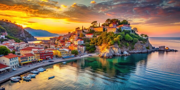 Scenic view of Parga town and castle during sunrise in Greece, Parga, castle, sunrise, Greece, Mediterranean, town