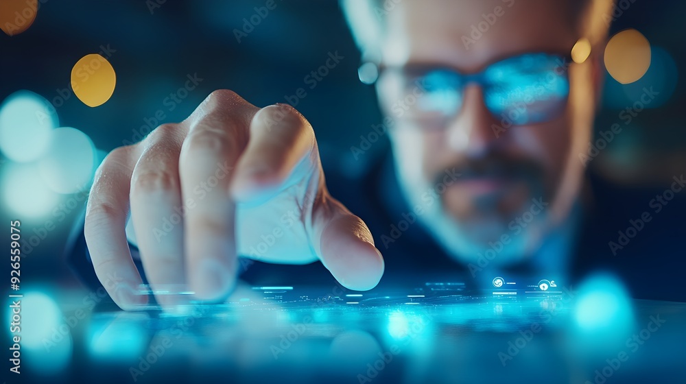 Poster man interacting with futuristic tech interface