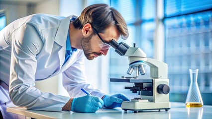 Scientist studying sample through microscope, research, discovery, scientist, laboratory, science