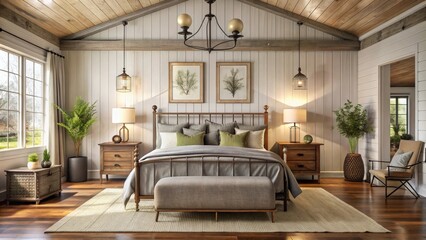 Vintage elegance meets modern farmhouse in a cozy bedroom setting , vintage, elegance, modern, farmhouse, bedroom