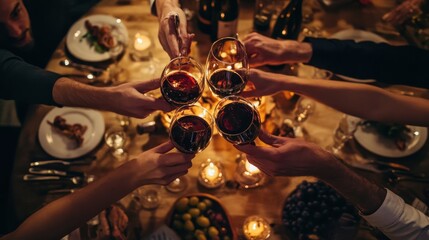 Friends celebrate with wine glasses raised at a dinner table adorned with candles and delicious food