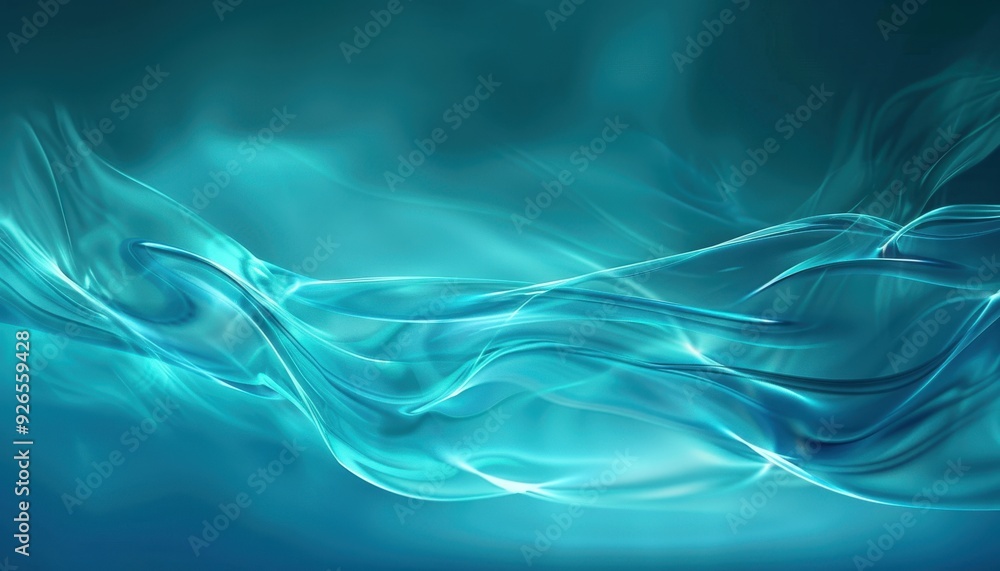 Poster abstract turquoise waves of light creating a dynamic and ethereal visual effect in a dark background