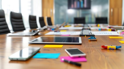 Multi-ethnic team in a boardroom engaged in a strategic session, utilizing digital tools and documents spread across the table.