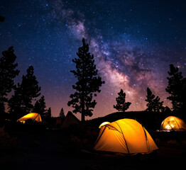 Starry night sky above a campsite, with silhouettes of tents and trees against the backdrop of the Milky Way.