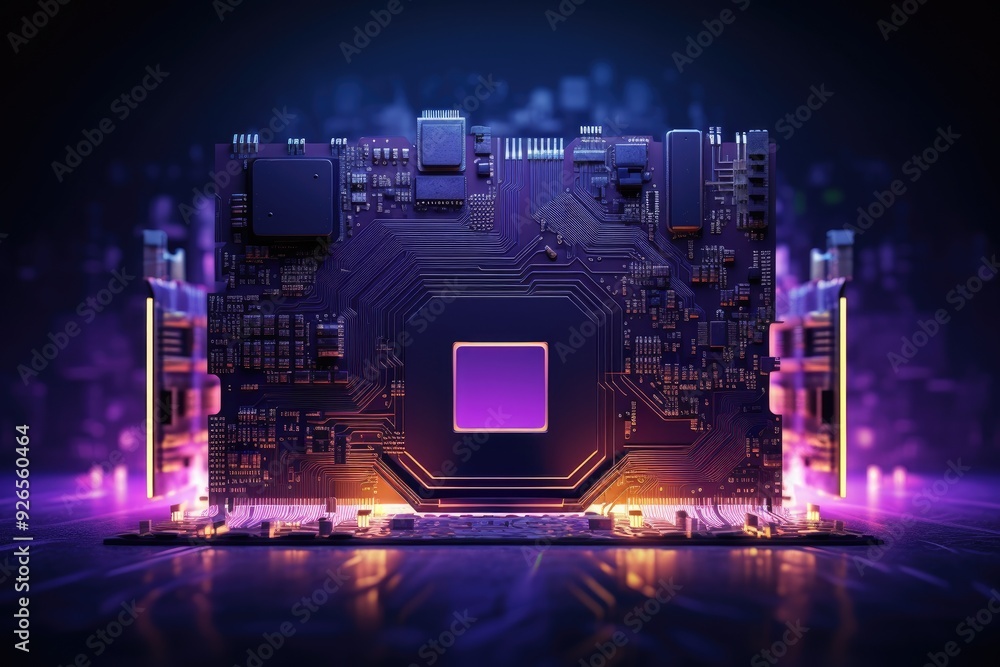 Poster a futuristic circuit board with glowing elements, emphasizing technology and innovation.