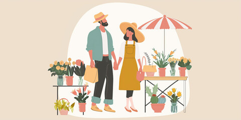 Couple Shopping at Outdoor Plant Market Holding Hands