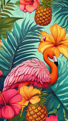 Tropical vibes: A lively, tropical-themed wallpaper with colorful illustrations of palm leaves, pineapples, flamingos, and hibiscus flowers