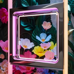 Neon Lighted Frame with Bright Tropical flower Background, created with generative AI technology
