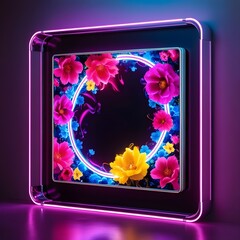 Neon Lighted Frame with Bright Tropical flower Background, created with generative AI technology
