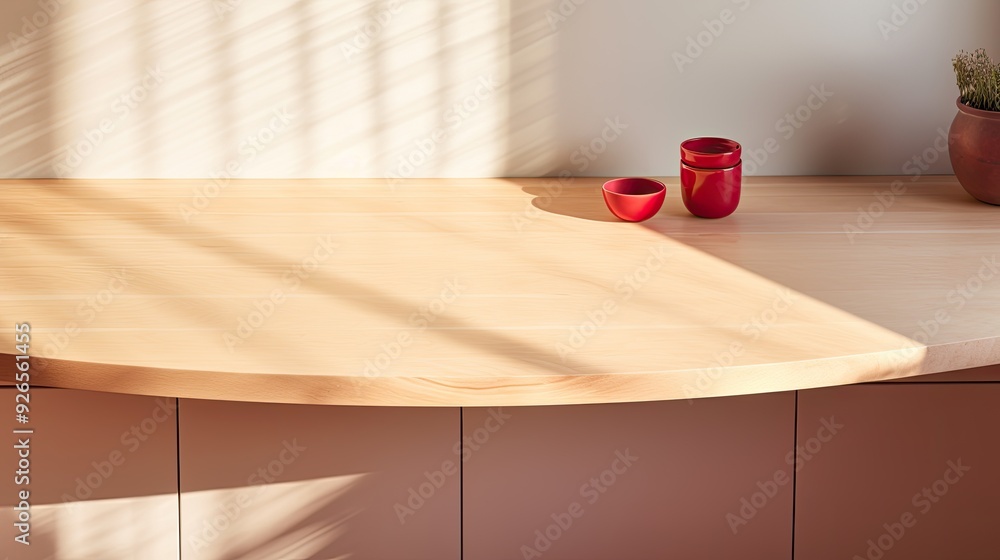 Poster a serene wooden table with red bowls and soft shadows, creating a warm atmosphere.