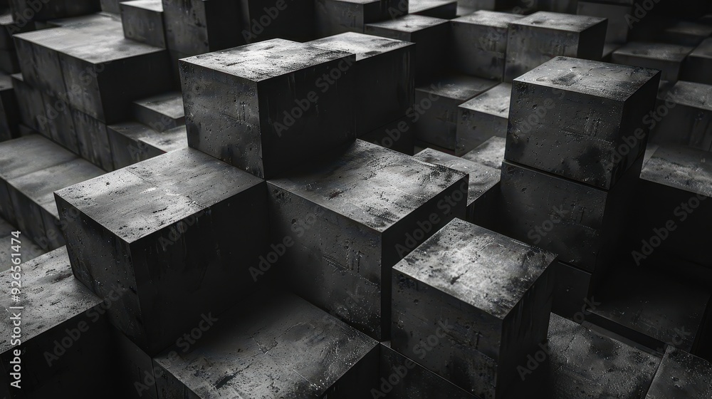 Poster a dark, abstract arrangement of metallic cubes creating a geometric and futuristic pattern.