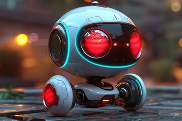 A futuristic robot with glowing features exploring a vibrant urban setting at dusk. Generative AI