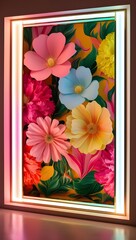 Obraz premium Neon Lighted Frame with Bright Tropical flower Background, created with generative AI technology 