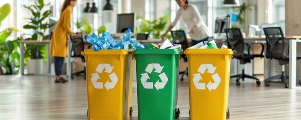Staff plant trees in an atrium filled with light and greenery, showing their company's green values.
