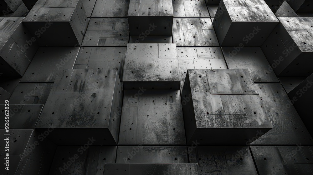 Poster abstract geometric background with dark textured concrete blocks in varying depths.