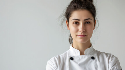 Fototapeta premium Confident Female Chef in Professional Attire Against Plain Background