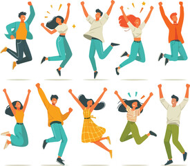 Happy characters jumping for joy, and fu. Young excited people celebrating success, achievement. Free active men, women with positive energy. Flat vector illustrations set isolated on white background