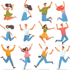 Happy characters jumping for joy, and fu. Young excited people celebrating success, achievement. Free active men, women with positive energy. Flat vector illustrations set isolated on white background