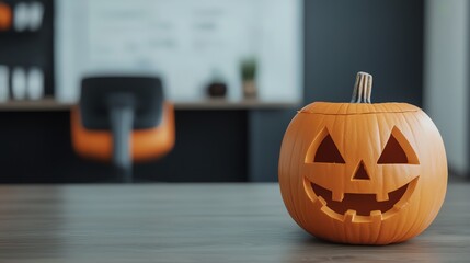 Professional office with subtle Halloween decor, promoting a creative business ad campaign for the spooky season