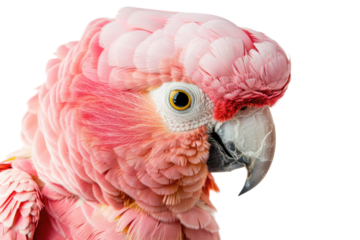 close up of a pink parrot isolated on white or transparent png
