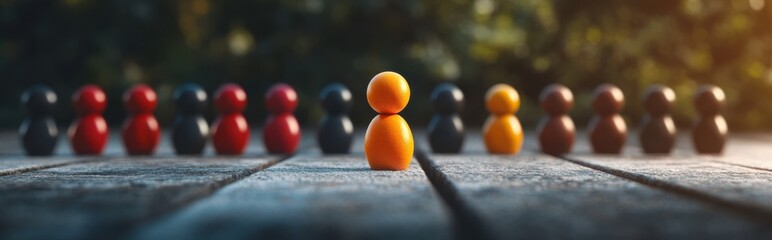 Naklejka premium An orange figurine stands out in a lineup of black and red figures, symbolizing individuality, uniqueness, and leadership in a creative setting.