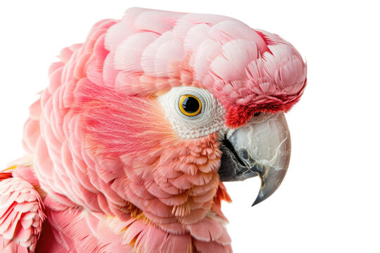 close up of a pink parrot isolated on white or transparent png
