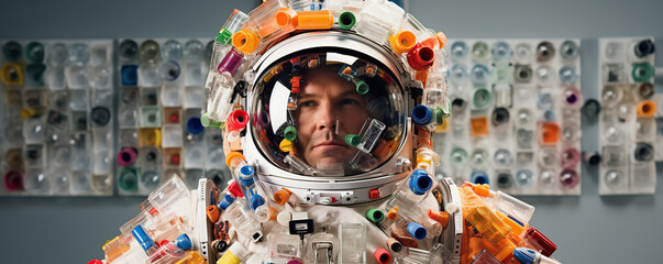 Astronaut wearing an unconventional suit made of colorful plastic materials in an art installation