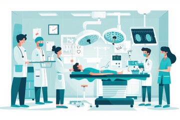 Illustration of doctors and medical staff preparing for surgery in a modern operating room, highlighting teamwork and medical professionalism.
