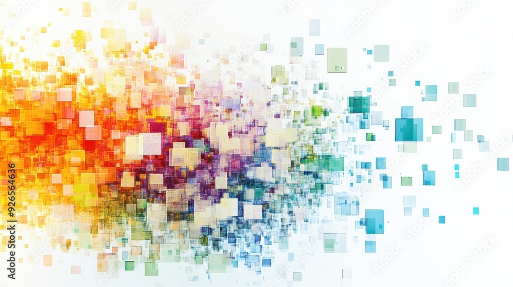 Poster digital pixelated effect multicolored squares abstract design empty white background