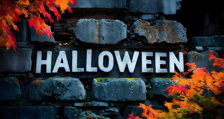 halloween sign, ancient ruins with halloween inscription on decayed stone