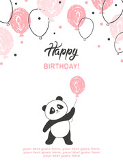 Happy Birthday card with cute panda bear and balloons. Vector childish illustration