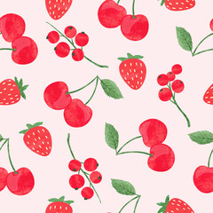 Strawberry, cherry and currant pattern. Seamless summer background with watercolor red berries	