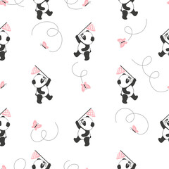 Cute cartoon panda bear and butterflies seamless vector pattern. Baby print