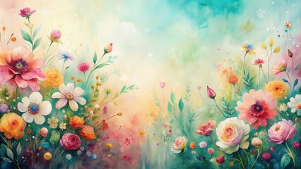 Artistic watercolor and acrylic smear flower blot painting with abstract texture pastel color stain on a horizontal long background