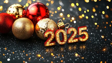 Golden 2025 New Year's Eve Decorations with Red and Gold Ornaments on a Black Glitter Background