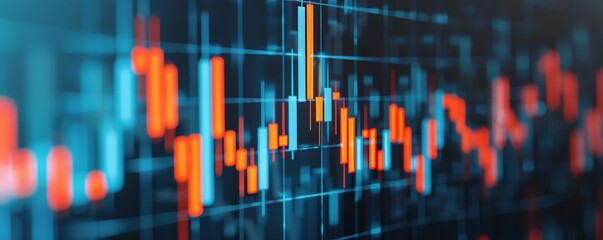 Abstract financial chart with blue and orange bars on a dark background.