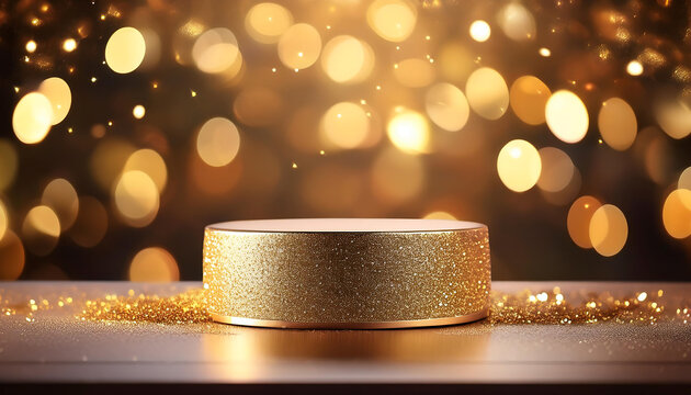  Un podio per presentazioni di mockup di prodotti, decorato con dettagli dorati e glitter, c_1(265)
