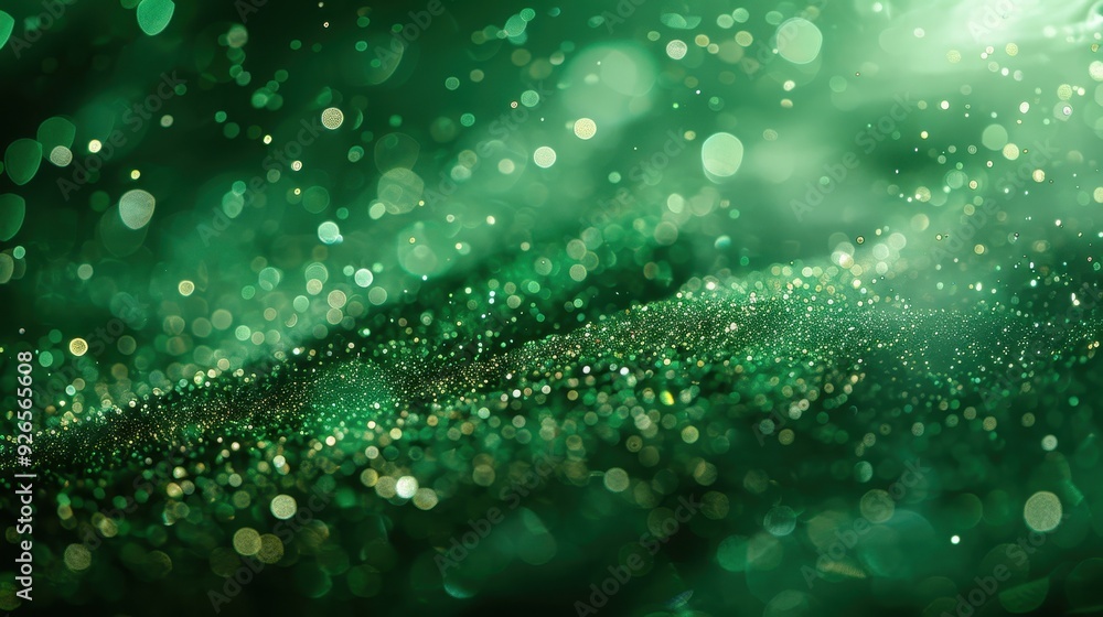 Poster abstract shimmering green and gold bokeh lights creating a dreamy and magical atmosphere.