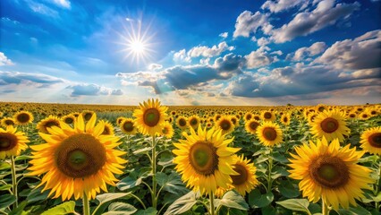 Obraz premium Beautiful sunflower field under blue sky, nature, landscape, sunflowers, field, blue sky, background, beauty, yellow, bright