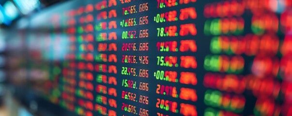 Fototapeta premium Close-up of a stock market ticker with red and green numbers.